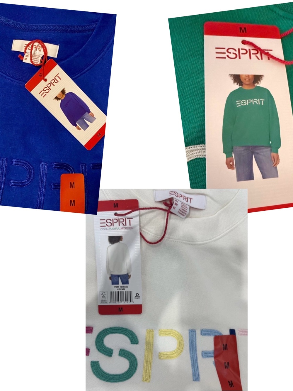 Esprit Costco Crewneck Sweatshirt 3 Pack White Green Blue Retro Logo NWT